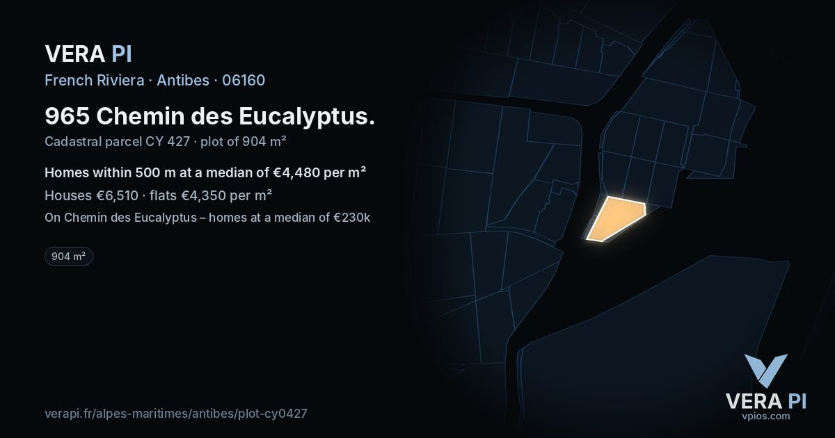 965 Chemin des Eucalyptus, Antibes at night – the plot lit, the parcels around coloured by the prices near them