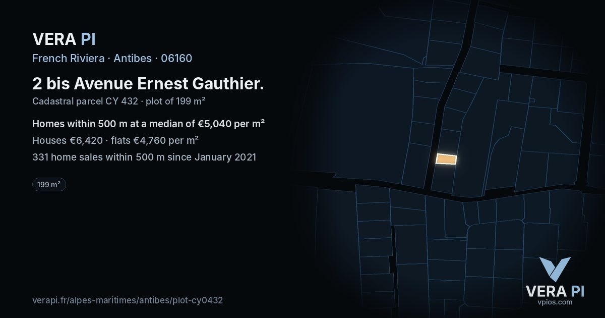 2 bis Avenue Ernest Gauthier, Antibes at night – the plot lit, the parcels around coloured by the prices near them