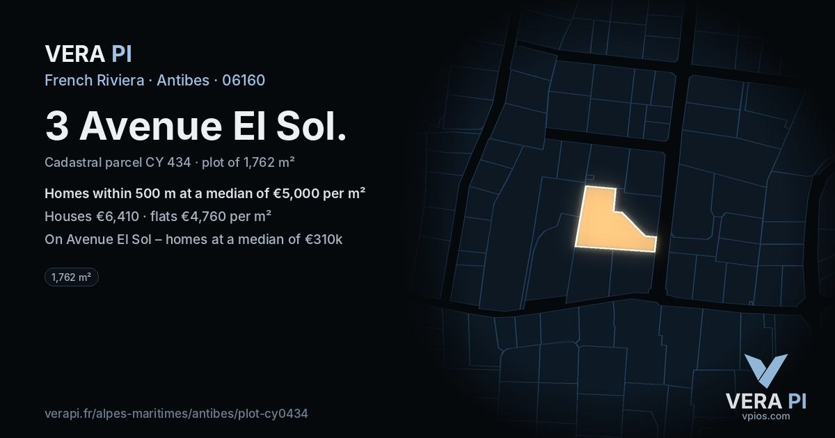 3 Avenue El Sol, Antibes at night – the plot lit, the parcels around coloured by the prices near them