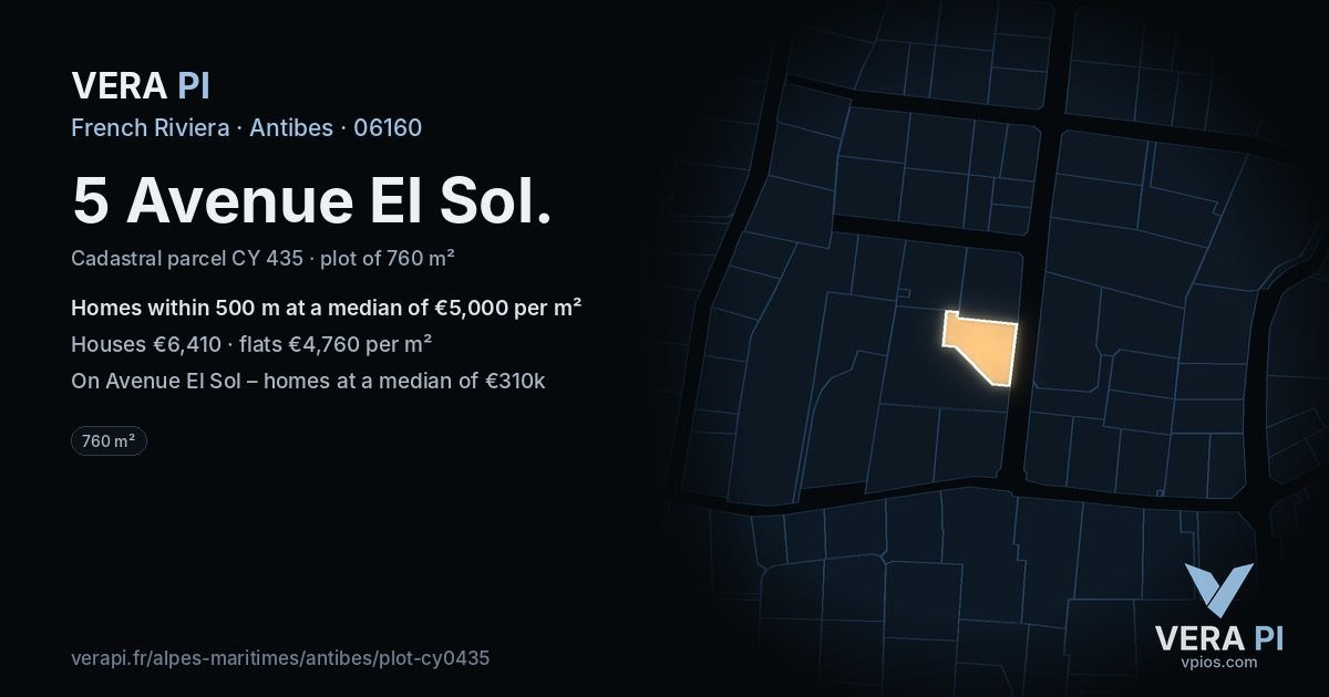 5 Avenue El Sol, Antibes at night – the plot lit, the parcels around coloured by the prices near them