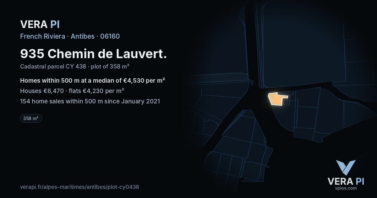 935 Chemin de Lauvert, Antibes at night – the plot lit, the parcels around coloured by the prices near them