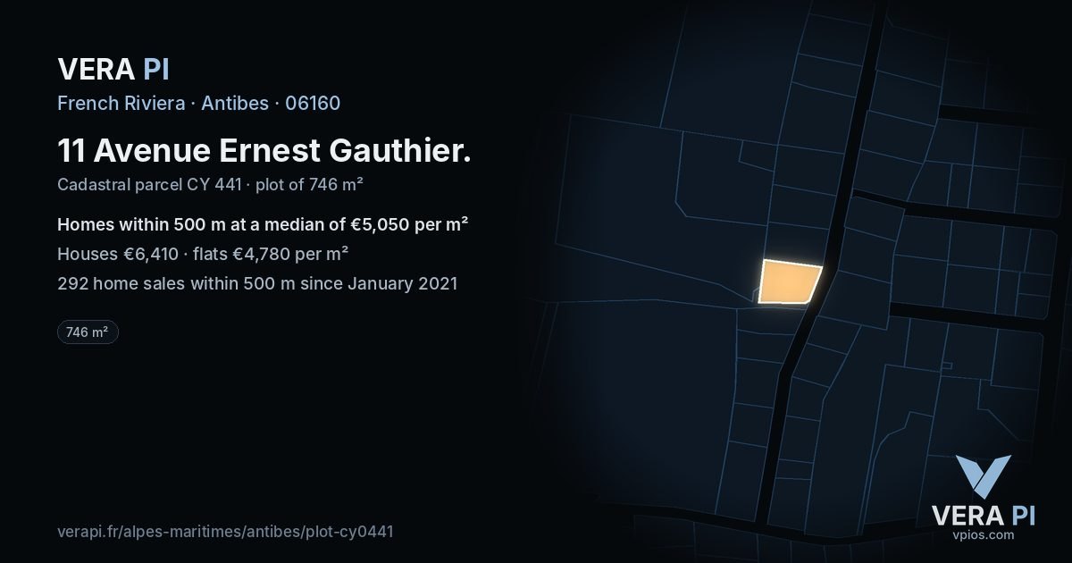 11 Avenue Ernest Gauthier, Antibes at night – the plot lit, the parcels around coloured by the prices near them