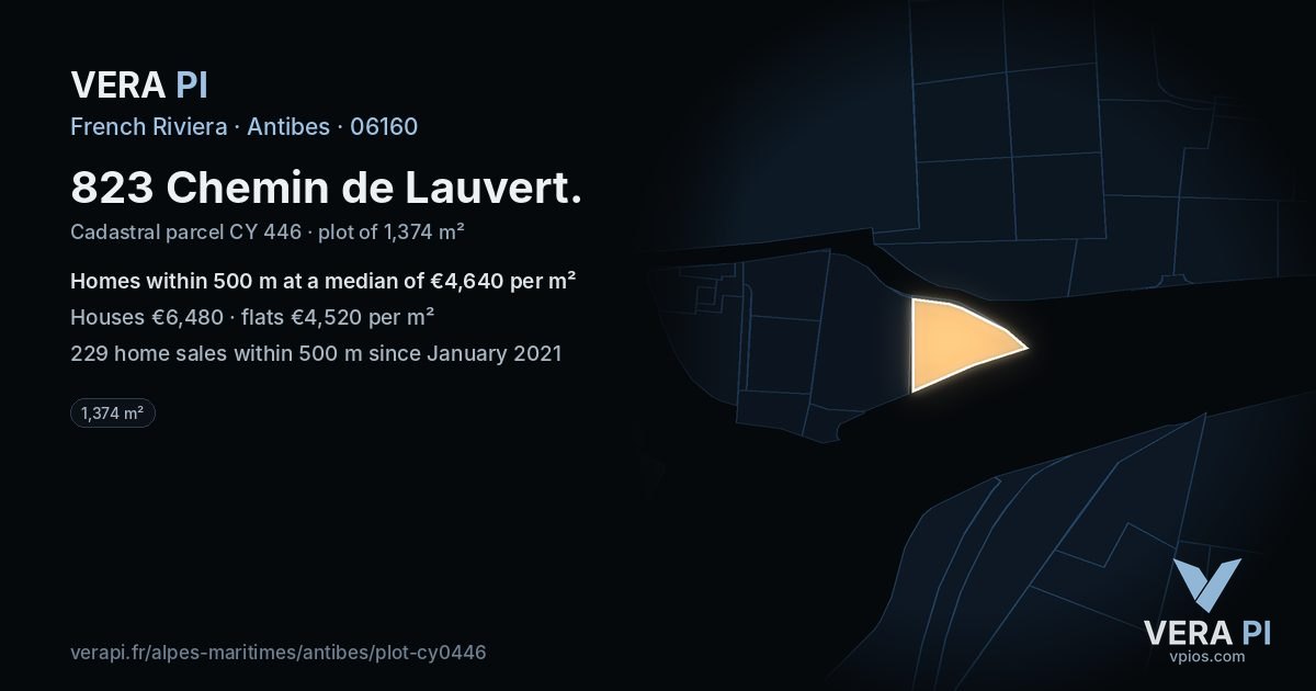 823 Chemin de Lauvert, Antibes at night – the plot lit, the parcels around coloured by the prices near them