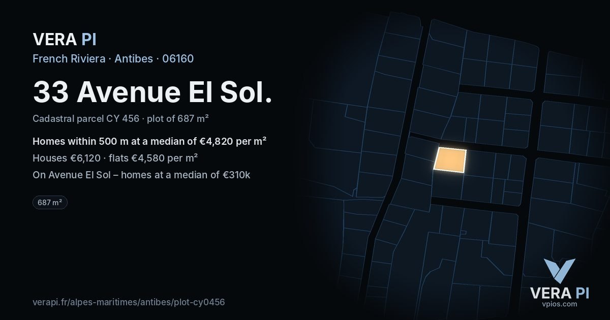 33 Avenue El Sol, Antibes at night – the plot lit, the parcels around coloured by the prices near them