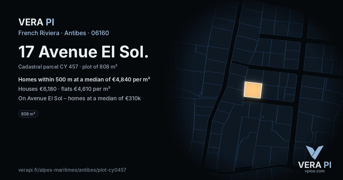 17 Avenue El Sol, Antibes at night – the plot lit, the parcels around coloured by the prices near them