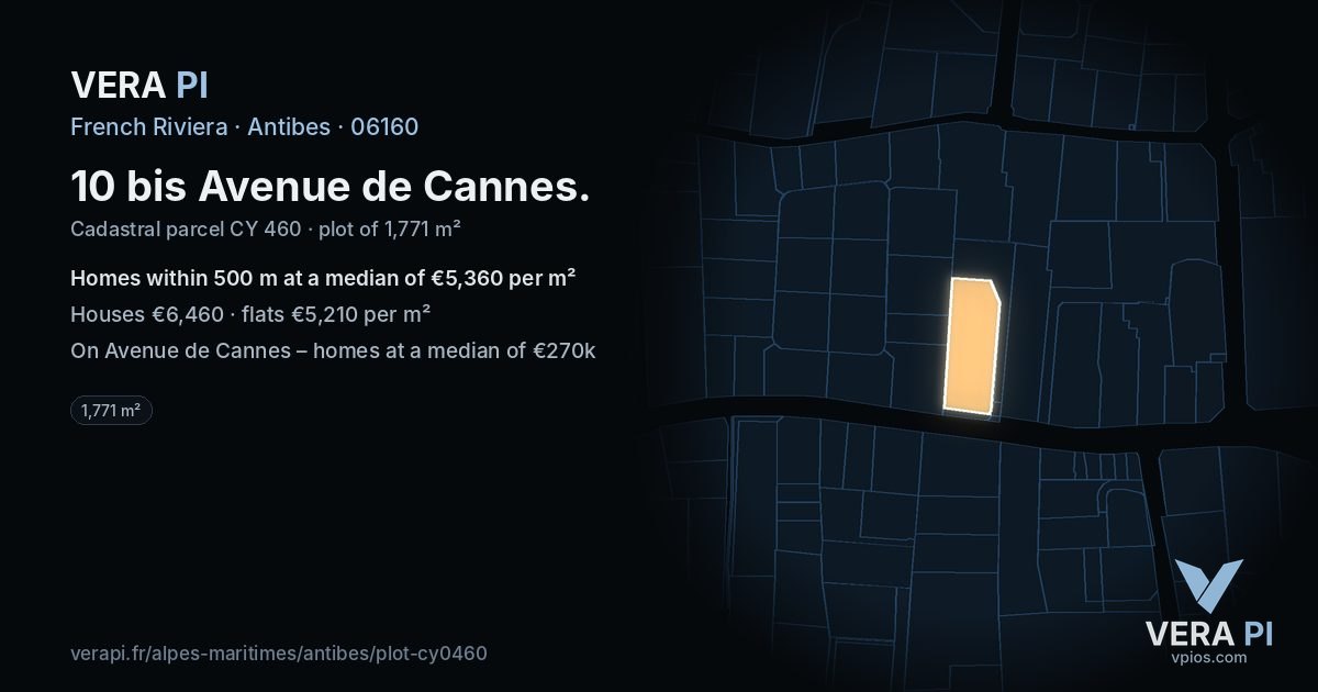 10 bis Avenue de Cannes, Antibes at night – the plot lit, the parcels around coloured by the prices near them