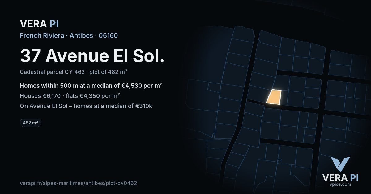 37 Avenue El Sol, Antibes at night – the plot lit, the parcels around coloured by the prices near them