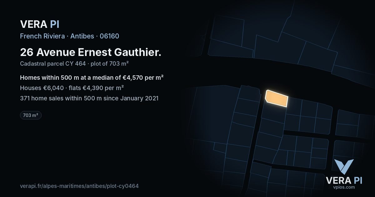 26 Avenue Ernest Gauthier, Antibes at night – the plot lit, the parcels around coloured by the prices near them