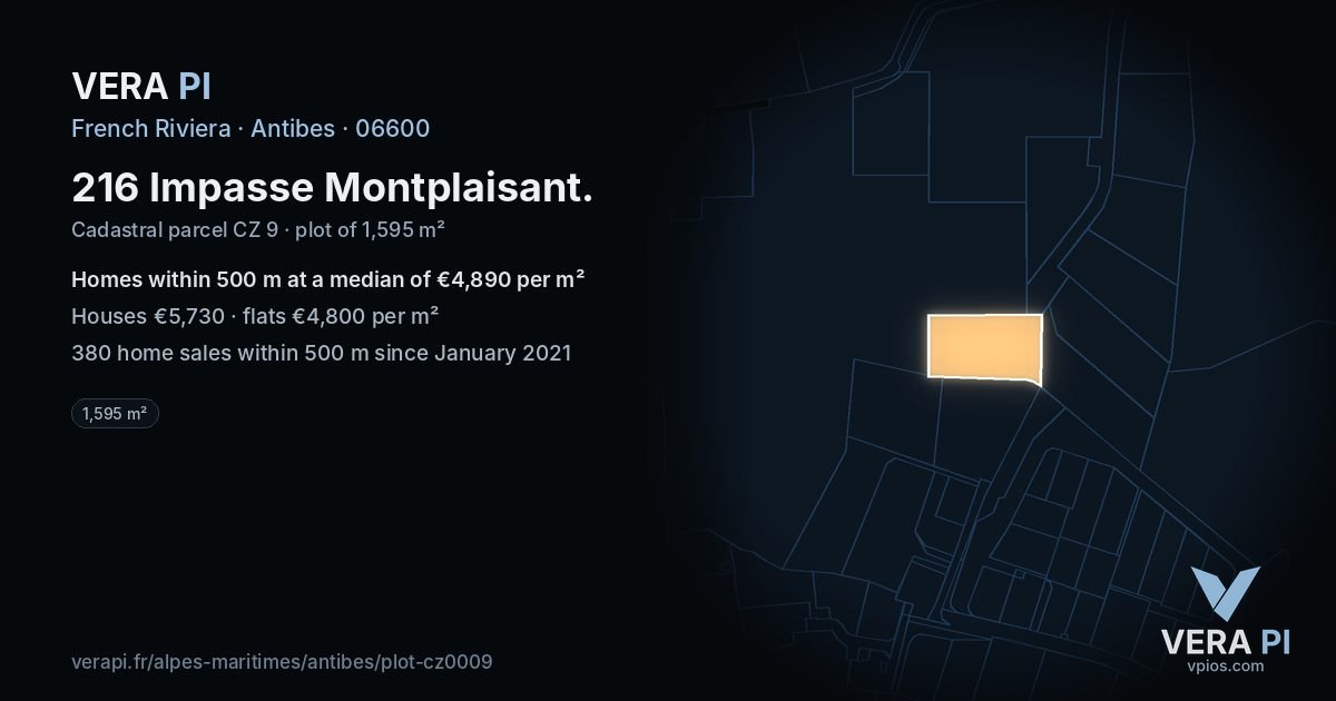 216 Impasse Montplaisant, Antibes at night – the plot lit, the parcels around coloured by the prices near them