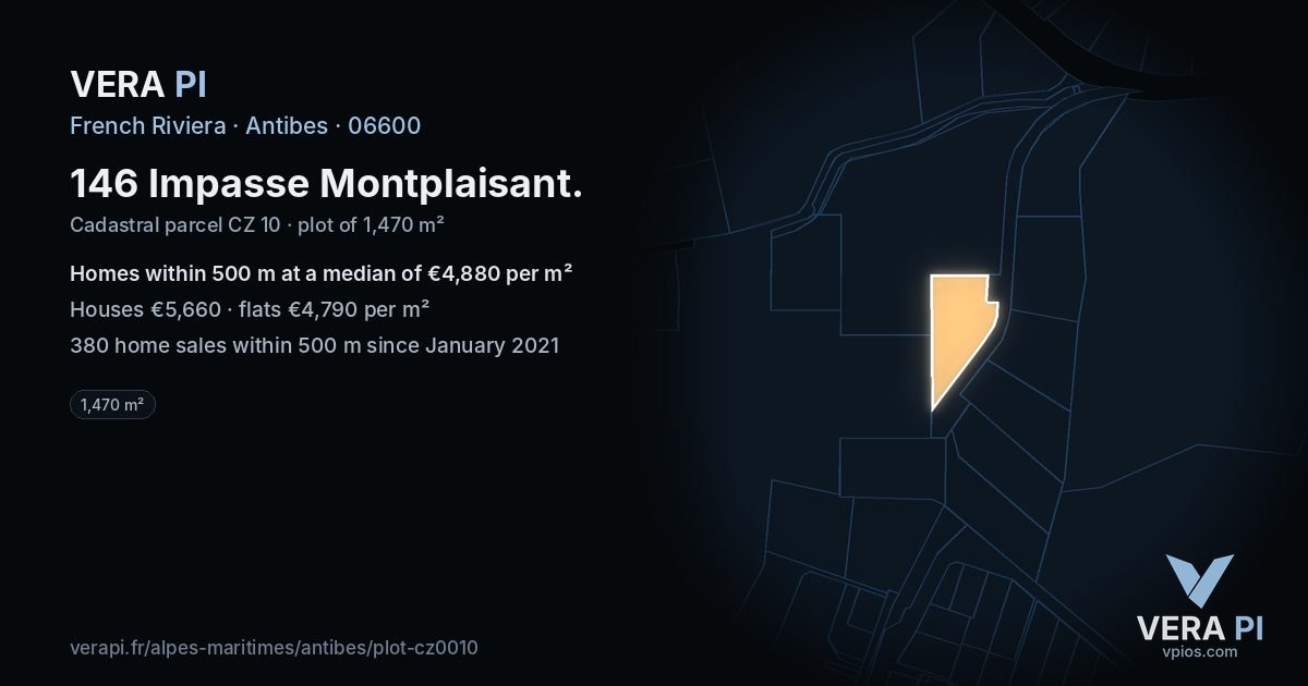 146 Impasse Montplaisant, Antibes at night – the plot lit, the parcels around coloured by the prices near them