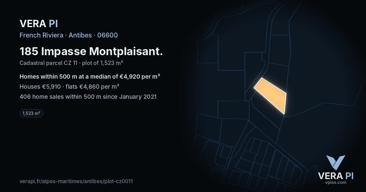 185 Impasse Montplaisant, Antibes at night – the plot lit, the parcels around coloured by the prices near them