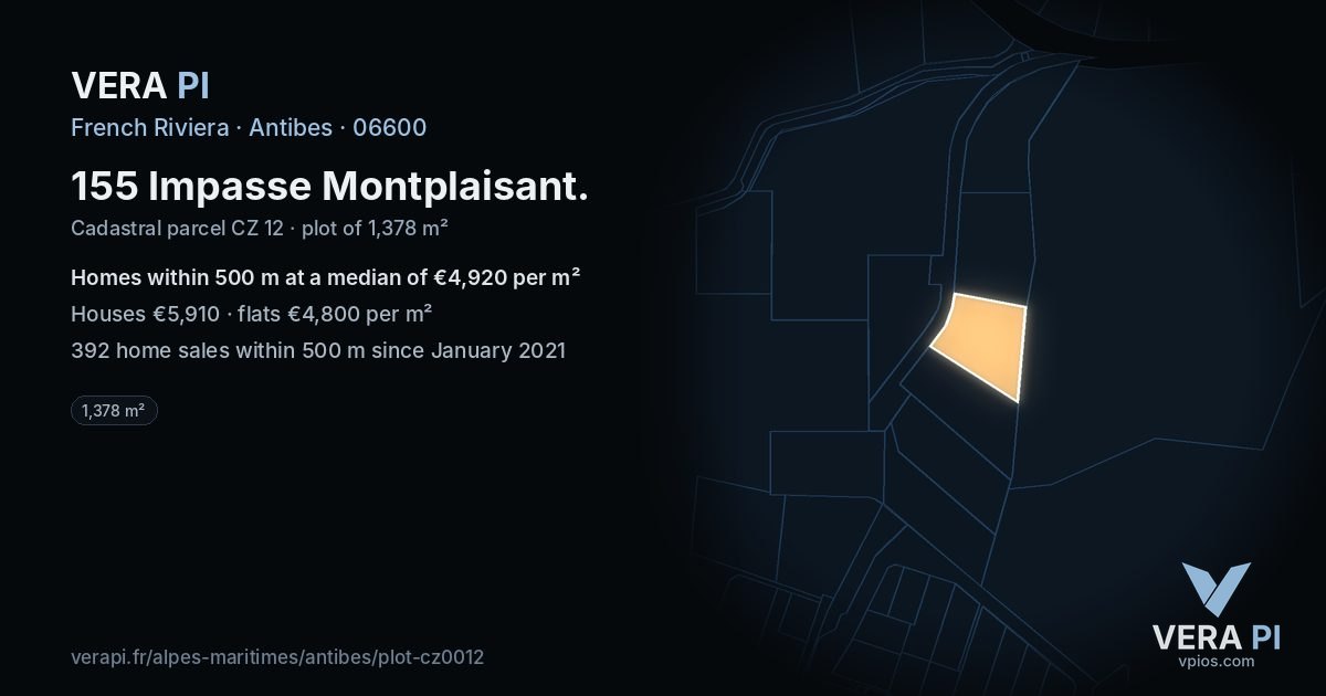 155 Impasse Montplaisant, Antibes at night – the plot lit, the parcels around coloured by the prices near them