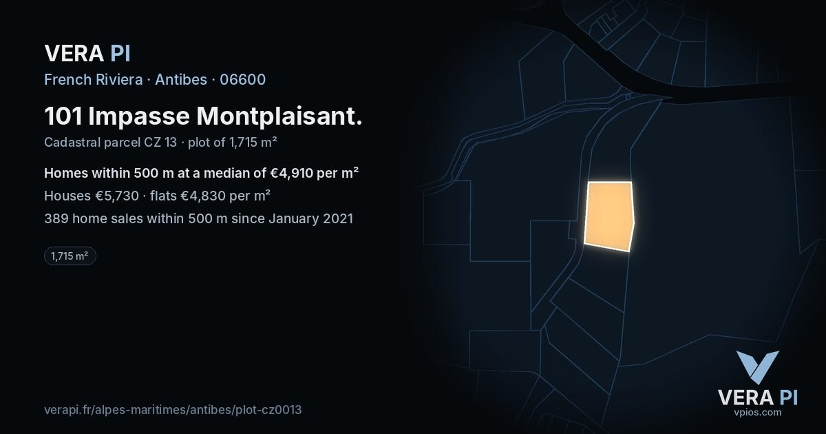 101 Impasse Montplaisant, Antibes at night – the plot lit, the parcels around coloured by the prices near them
