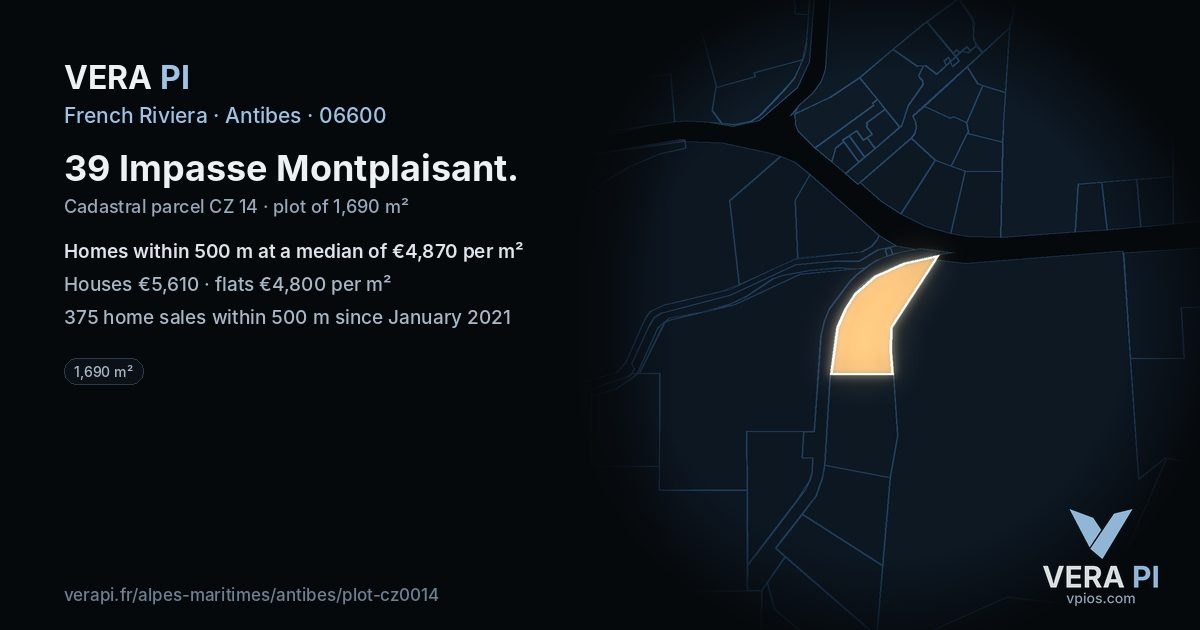 39 Impasse Montplaisant, Antibes at night – the plot lit, the parcels around coloured by the prices near them