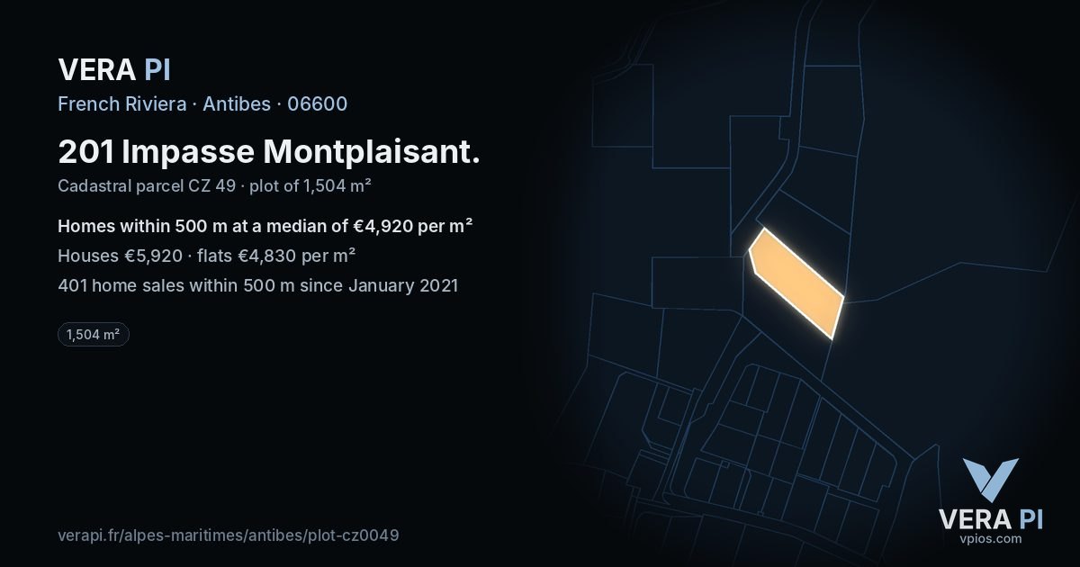 201 Impasse Montplaisant, Antibes at night – the plot lit, the parcels around coloured by the prices near them