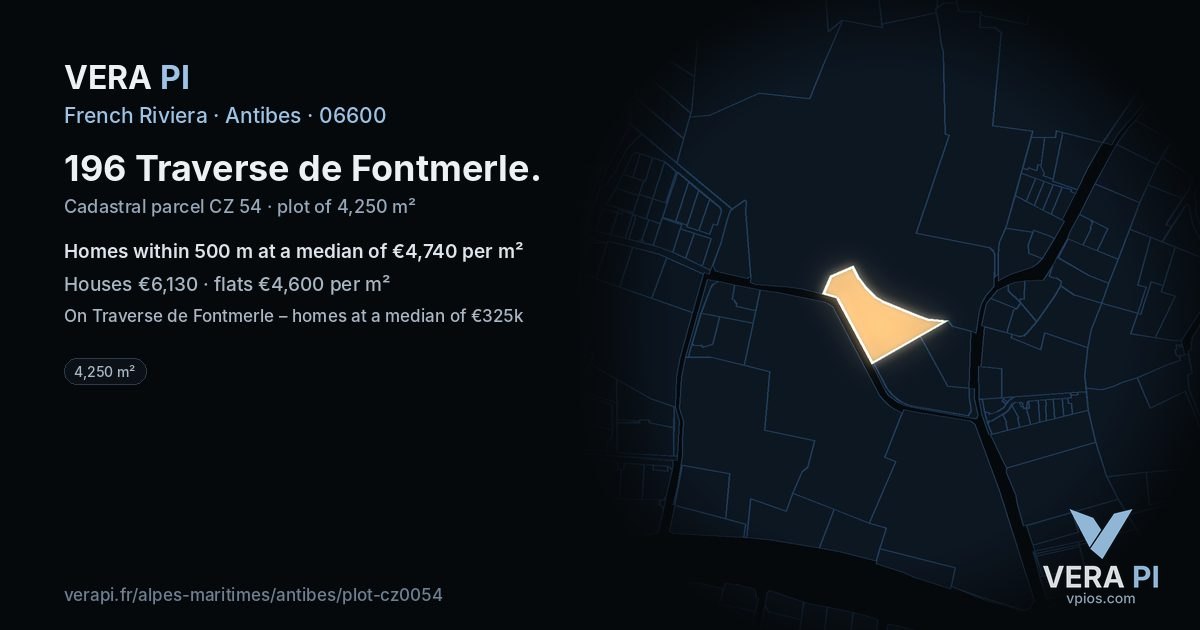 196 Traverse de Fontmerle, Antibes at night – the plot lit, the parcels around coloured by the prices near them