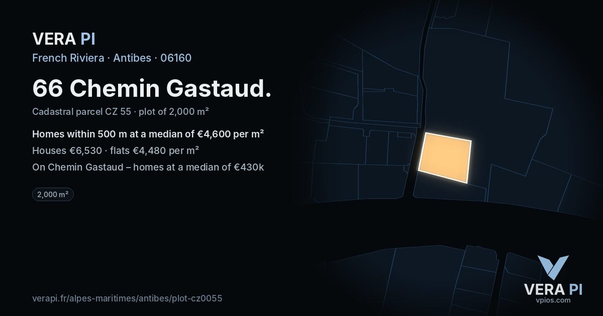 66 Chemin Gastaud, Antibes at night – the plot lit, the parcels around coloured by the prices near them