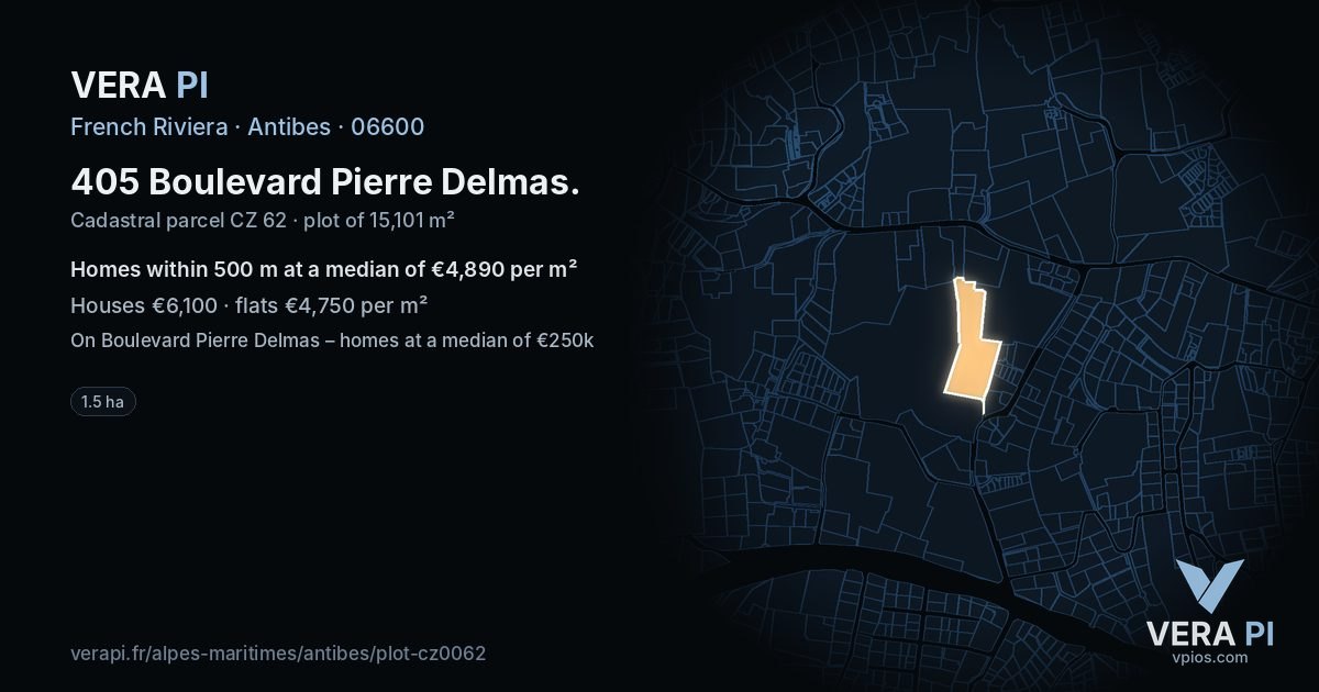 405 Boulevard Pierre Delmas, Antibes at night – the plot lit, the parcels around coloured by the prices near them