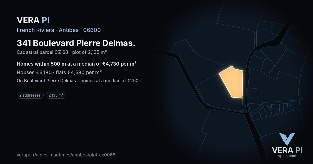 341 Boulevard Pierre Delmas, Antibes at night – the plot lit, the parcels around coloured by the prices near them