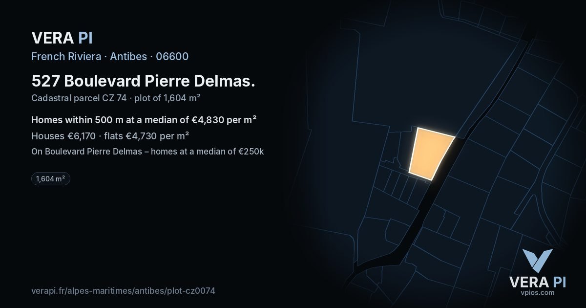 527 Boulevard Pierre Delmas, Antibes at night – the plot lit, the parcels around coloured by the prices near them