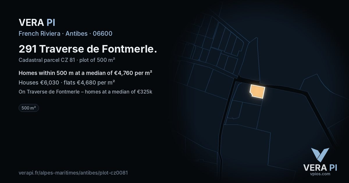 291 Traverse de Fontmerle, Antibes at night – the plot lit, the parcels around coloured by the prices near them