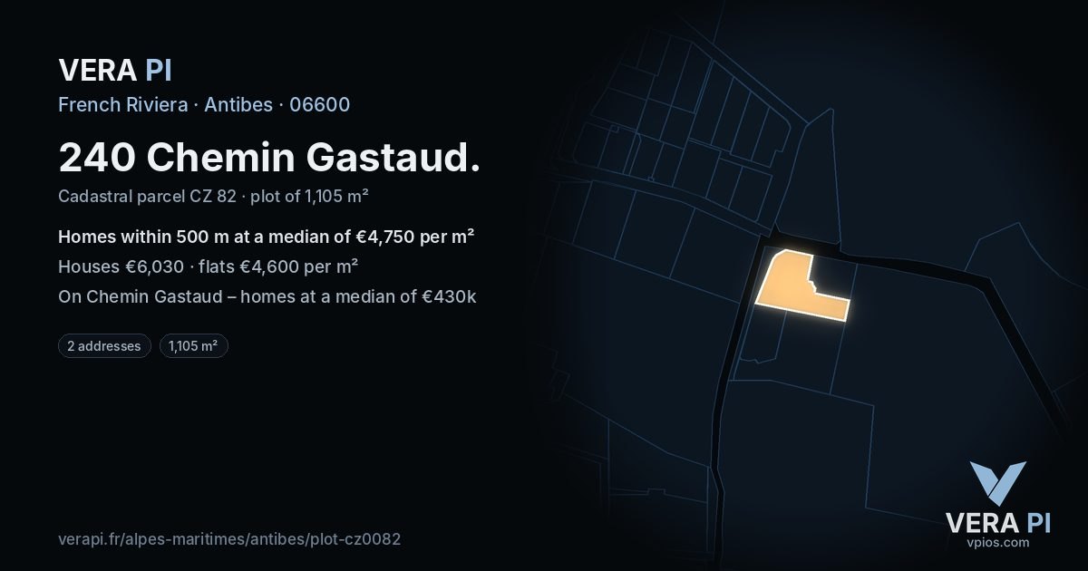 240 Chemin Gastaud, Antibes at night – the plot lit, the parcels around coloured by the prices near them