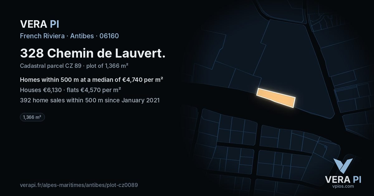 328 Chemin de Lauvert, Antibes at night – the plot lit, the parcels around coloured by the prices near them
