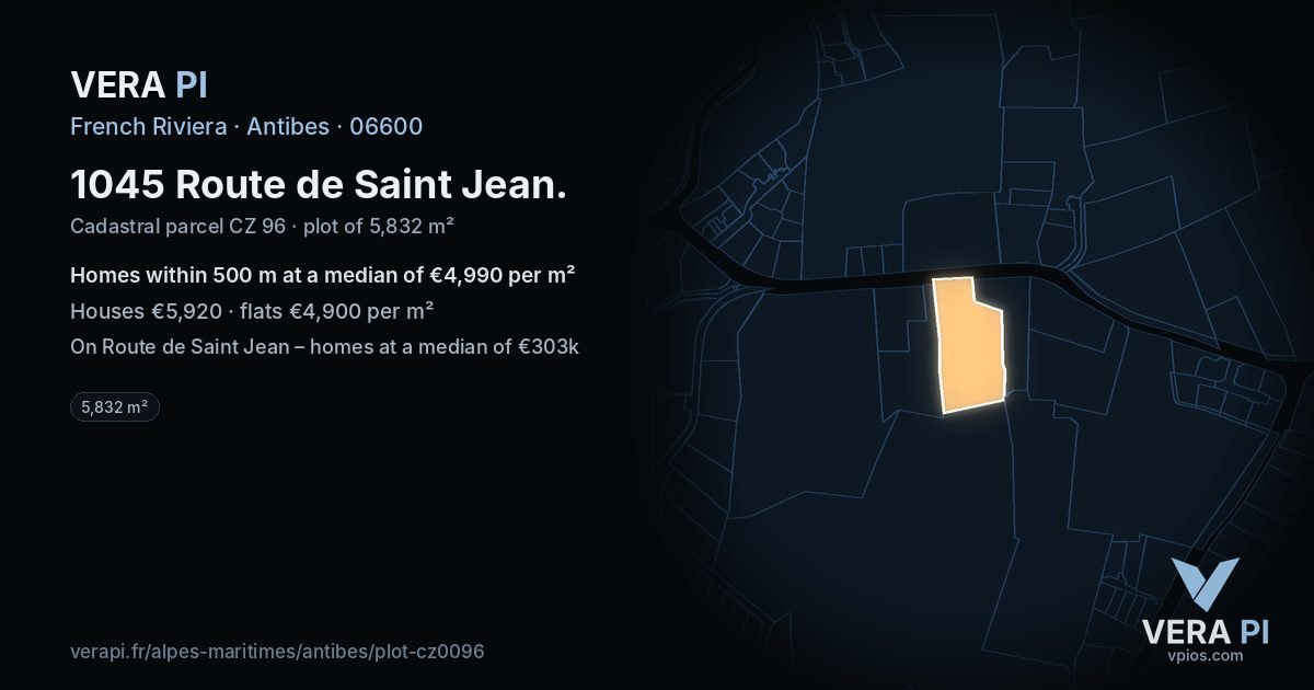 1045 Route de Saint Jean, Antibes at night – the plot lit, the parcels around coloured by the prices near them