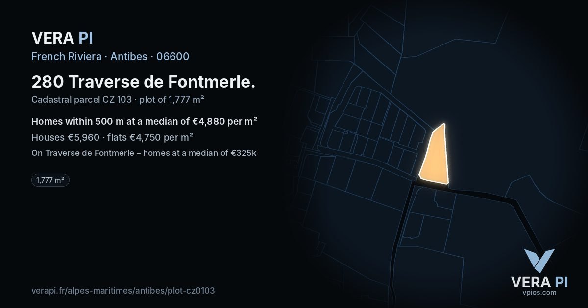 280 Traverse de Fontmerle, Antibes at night – the plot lit, the parcels around coloured by the prices near them