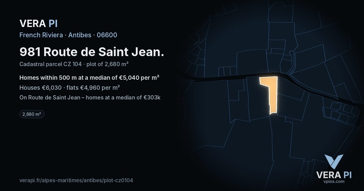 981 Route de Saint Jean, Antibes at night – the plot lit, the parcels around coloured by the prices near them