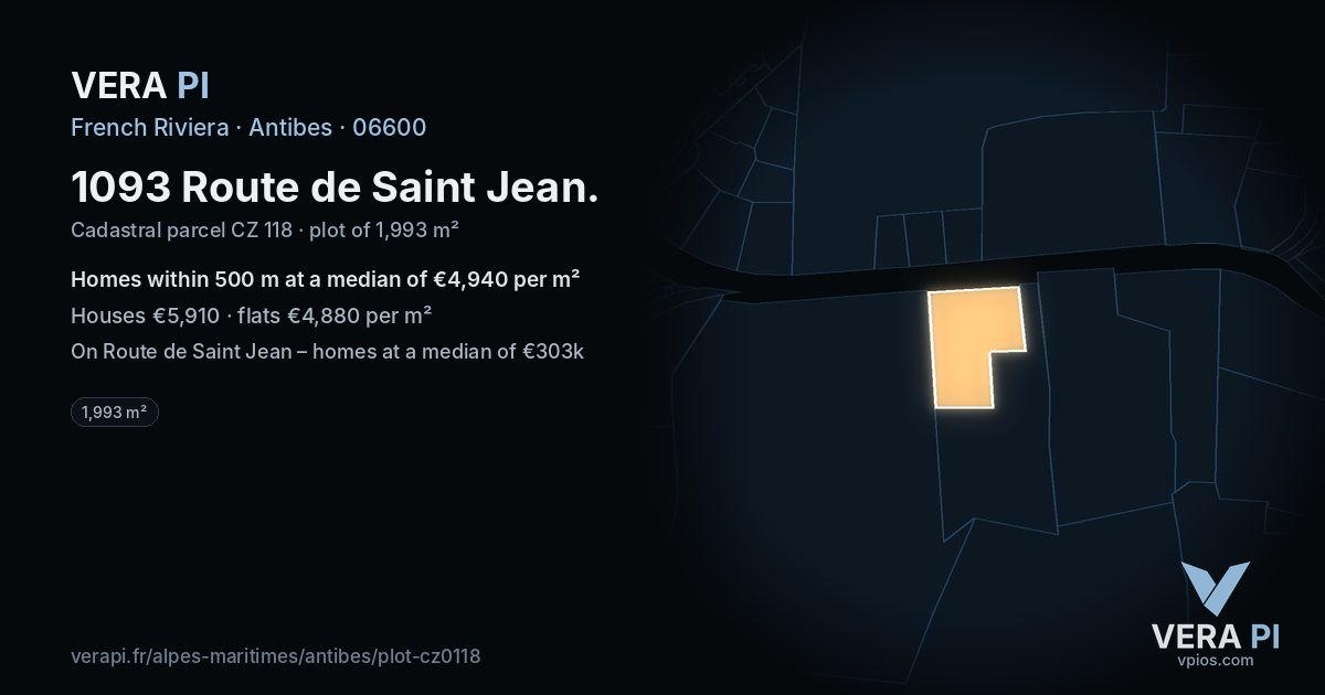 1093 Route de Saint Jean, Antibes at night – the plot lit, the parcels around coloured by the prices near them