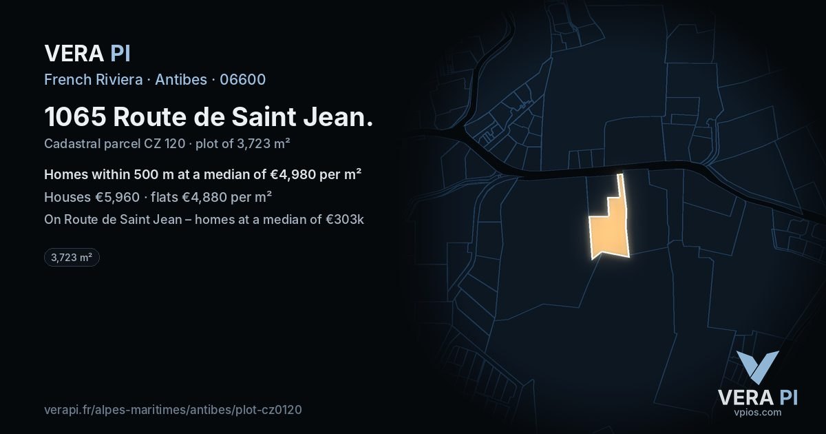 1065 Route de Saint Jean, Antibes at night – the plot lit, the parcels around coloured by the prices near them