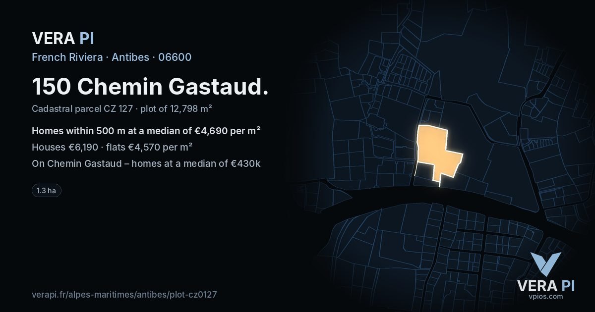 150 Chemin Gastaud, Antibes at night – the plot lit, the parcels around coloured by the prices near them