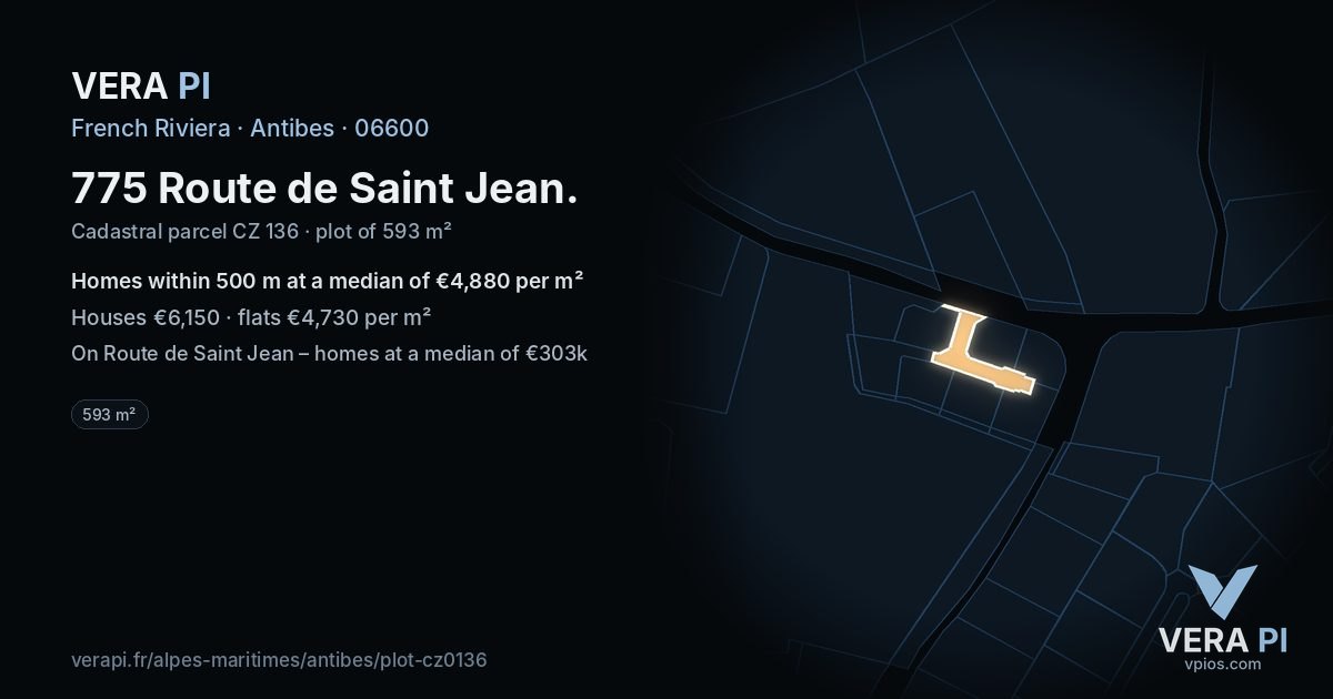 775 Route de Saint Jean, Antibes at night – the plot lit, the parcels around coloured by the prices near them