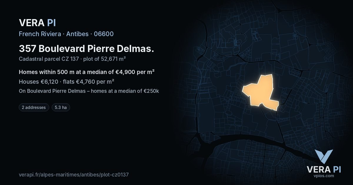 357 Boulevard Pierre Delmas, Antibes at night – the plot lit, the parcels around coloured by the prices near them