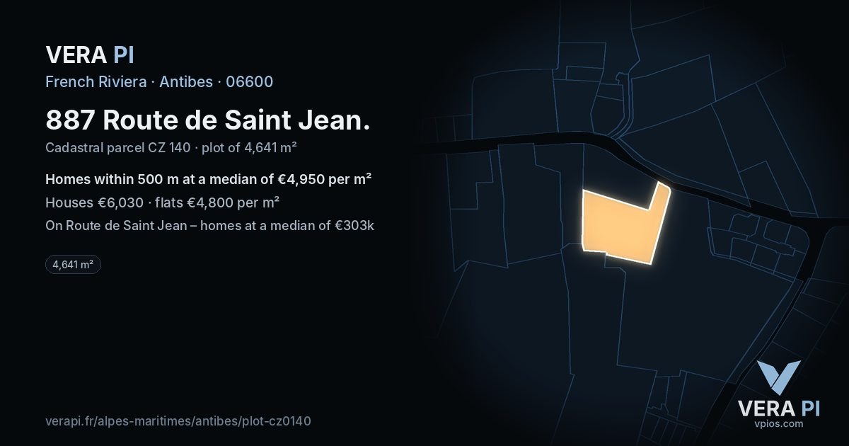 887 Route de Saint Jean, Antibes at night – the plot lit, the parcels around coloured by the prices near them