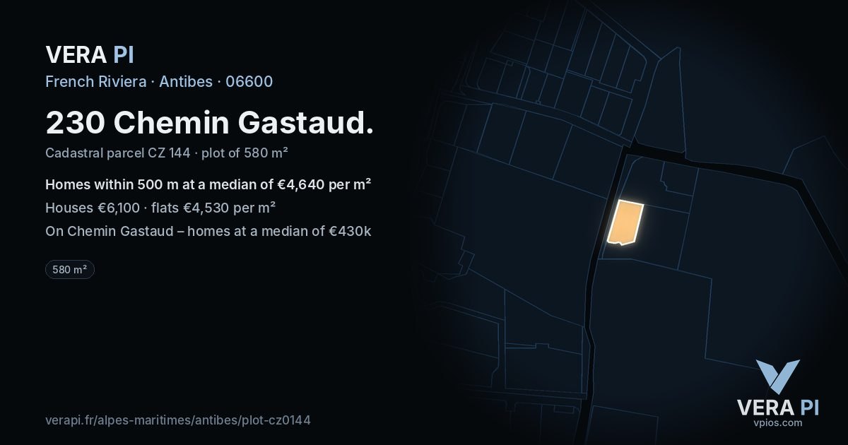 230 Chemin Gastaud, Antibes at night – the plot lit, the parcels around coloured by the prices near them