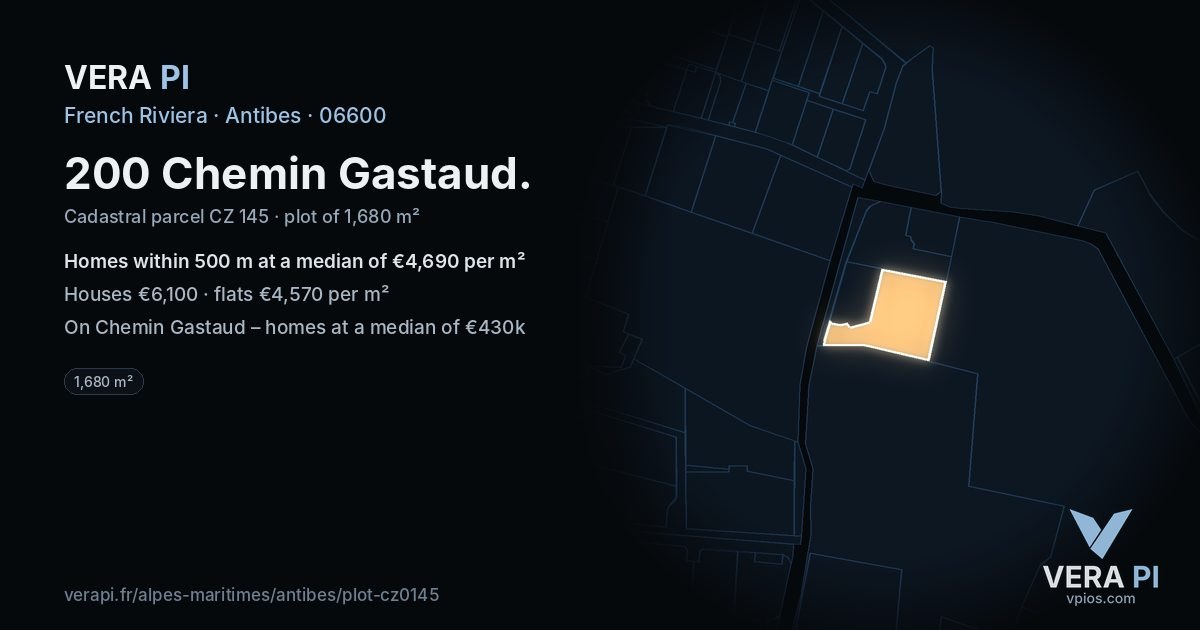 200 Chemin Gastaud, Antibes at night – the plot lit, the parcels around coloured by the prices near them