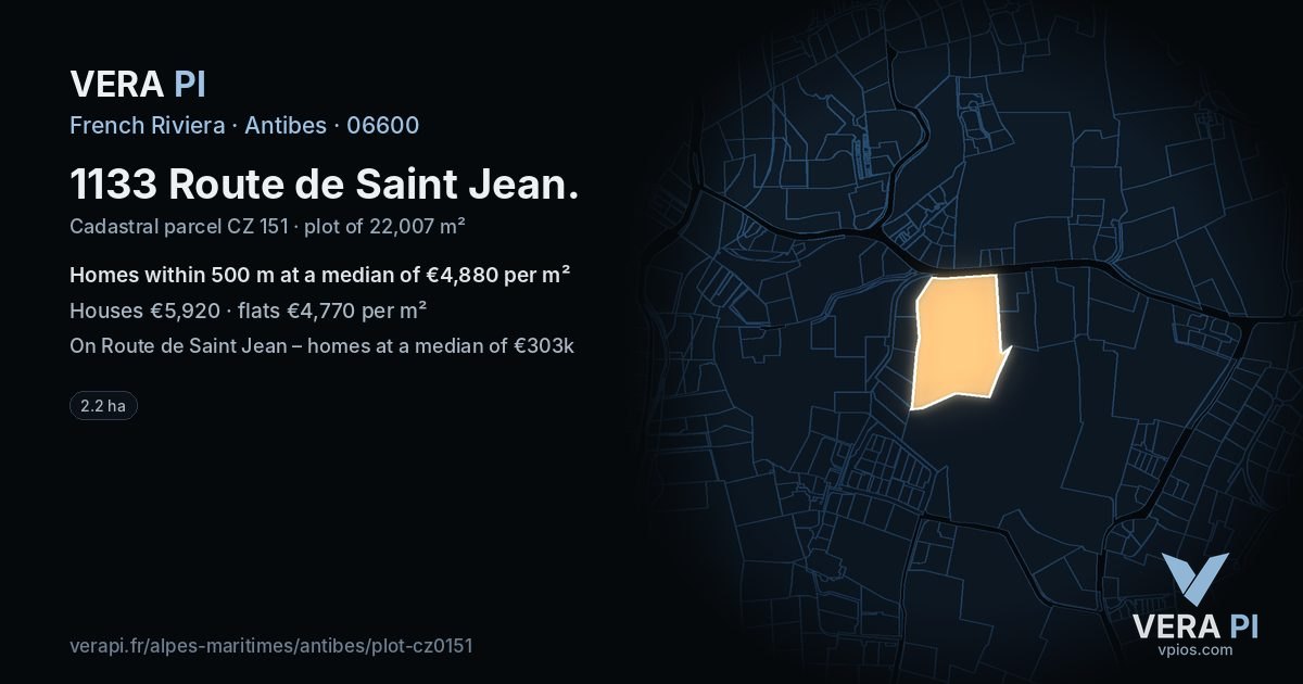 1133 Route de Saint Jean, Antibes at night – the plot lit, the parcels around coloured by the prices near them