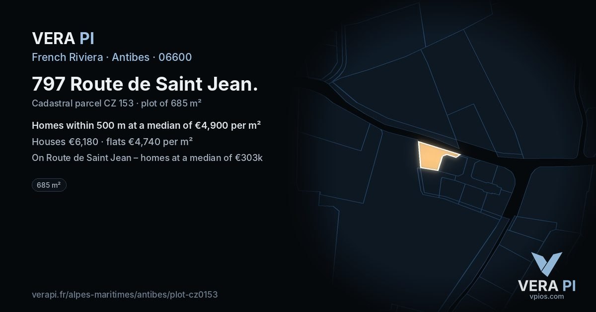 797 Route de Saint Jean, Antibes at night – the plot lit, the parcels around coloured by the prices near them