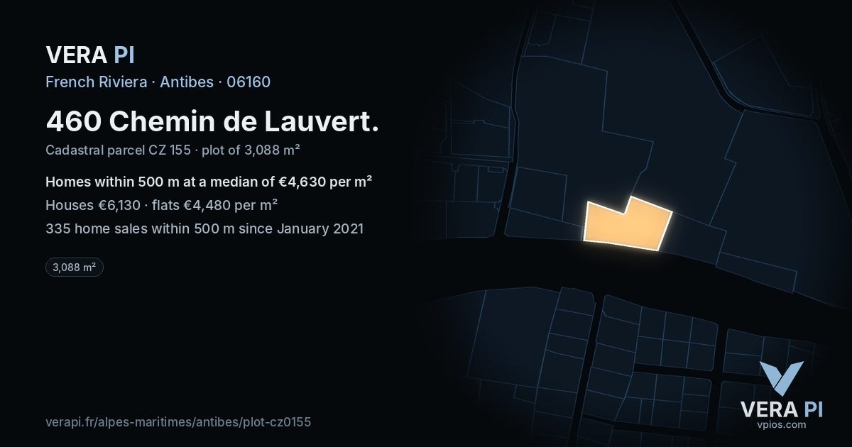 460 Chemin de Lauvert, Antibes at night – the plot lit, the parcels around coloured by the prices near them