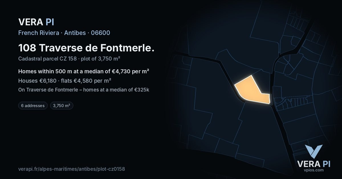 108 Traverse de Fontmerle, Antibes at night – the plot lit, the parcels around coloured by the prices near them