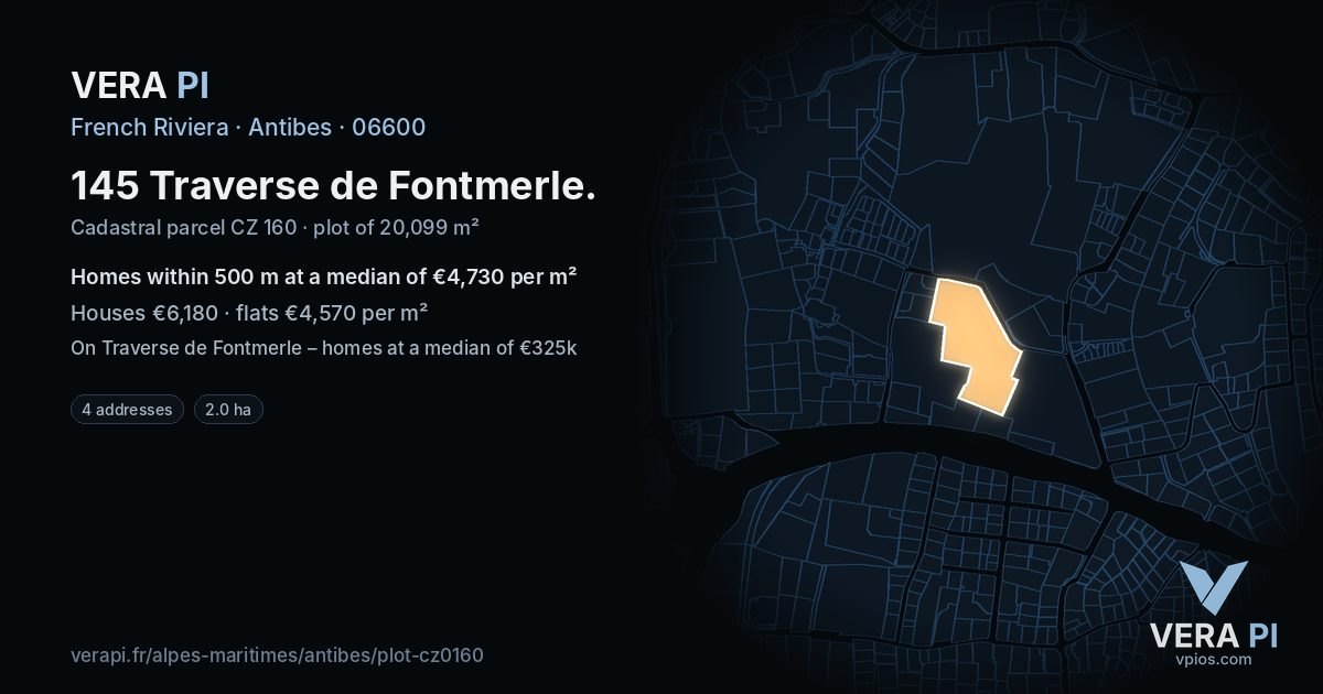 145 Traverse de Fontmerle, Antibes at night – the plot lit, the parcels around coloured by the prices near them