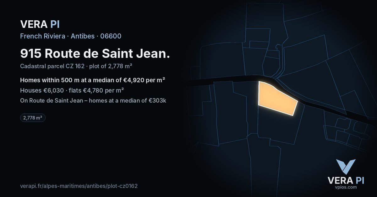 915 Route de Saint Jean, Antibes at night – the plot lit, the parcels around coloured by the prices near them
