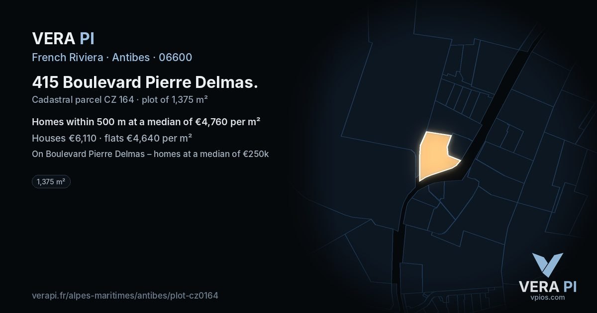 415 Boulevard Pierre Delmas, Antibes at night – the plot lit, the parcels around coloured by the prices near them