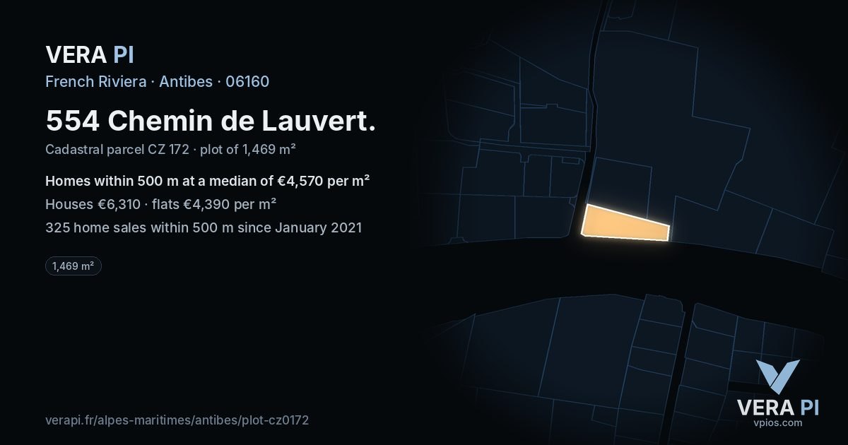 554 Chemin de Lauvert, Antibes at night – the plot lit, the parcels around coloured by the prices near them