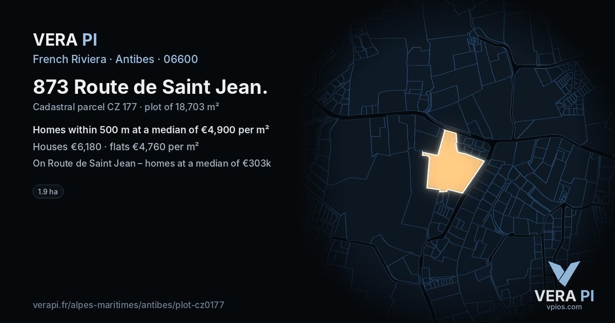 873 Route de Saint Jean, Antibes at night – the plot lit, the parcels around coloured by the prices near them