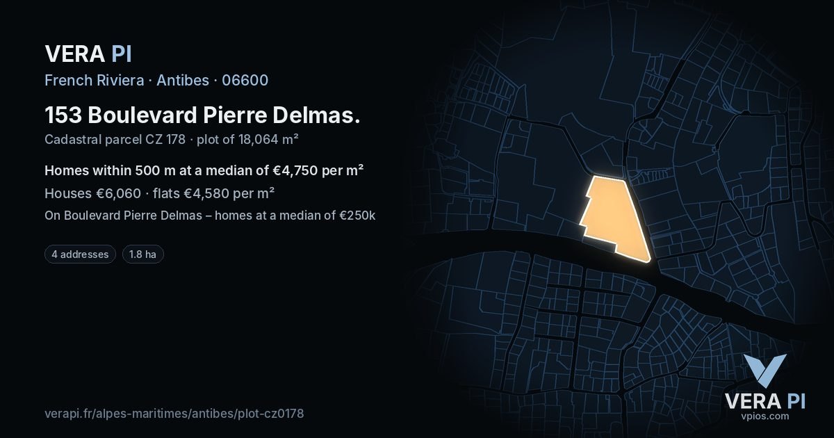 153 Boulevard Pierre Delmas, Antibes at night – the plot lit, the parcels around coloured by the prices near them