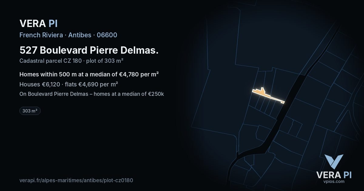 527 Boulevard Pierre Delmas, Antibes at night – the plot lit, the parcels around coloured by the prices near them