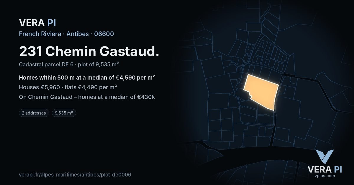 231 Chemin Gastaud, Antibes at night – the plot lit, the parcels around coloured by the prices near them